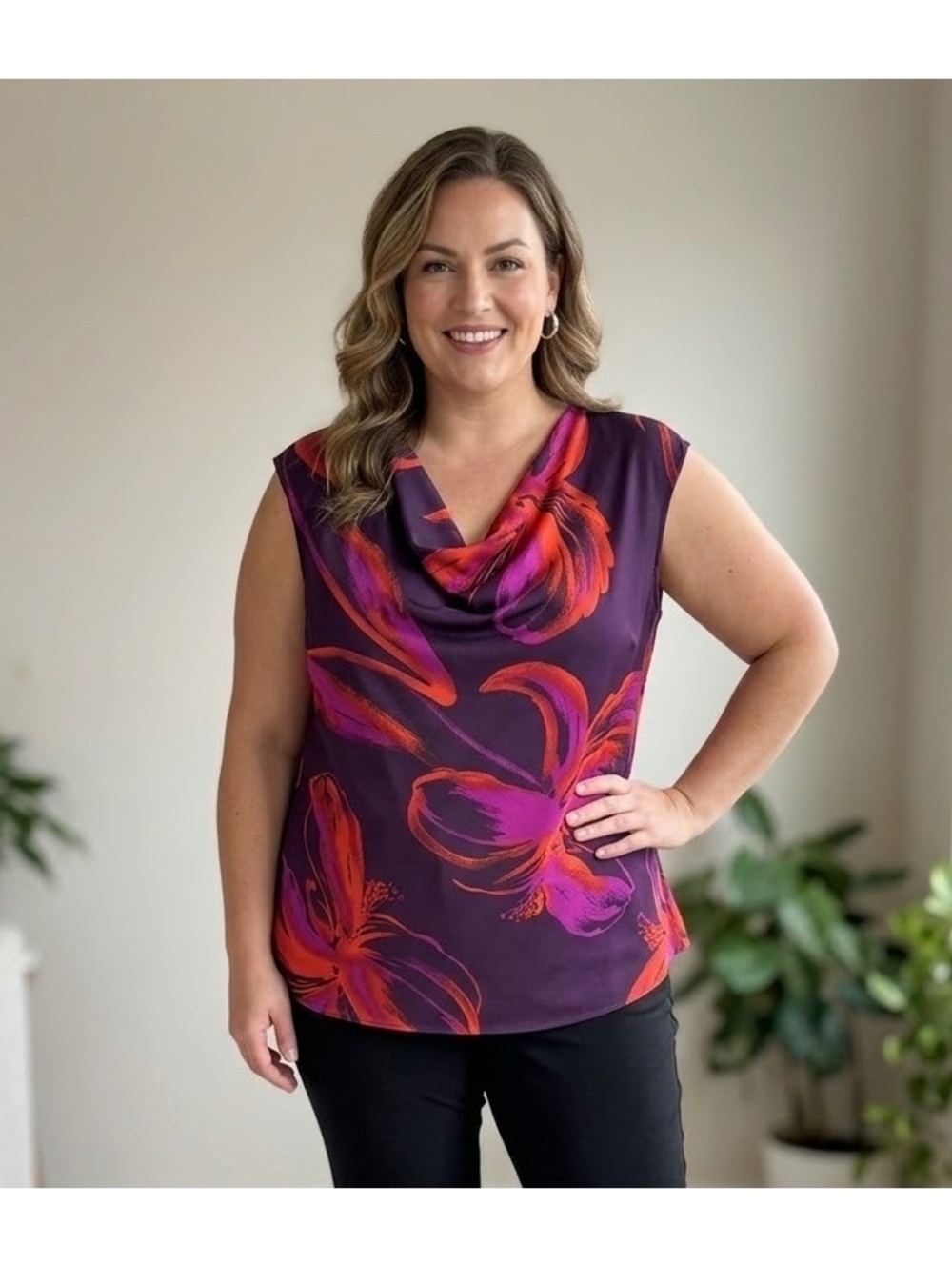Worthington XL Purple Floral Sleeveless Blouse with Cowl Neck